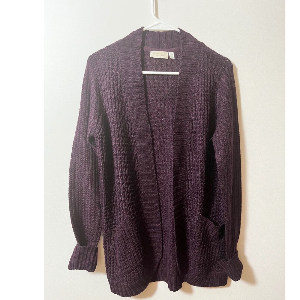 RD style women's cardigan sweater XS deep plum open front longline pockets